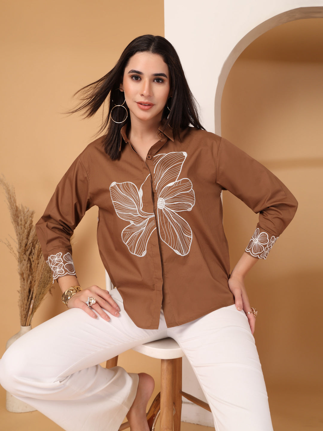 Thirty Threads Womens Coffee Brown Floral Emboirered  Long Sleeve Length Shirt