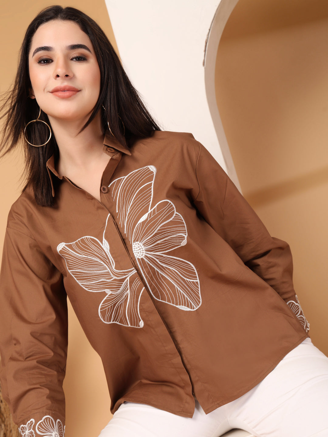 Thirty Threads Womens Coffee Brown Floral Emboirered  Long Sleeve Length Shirt