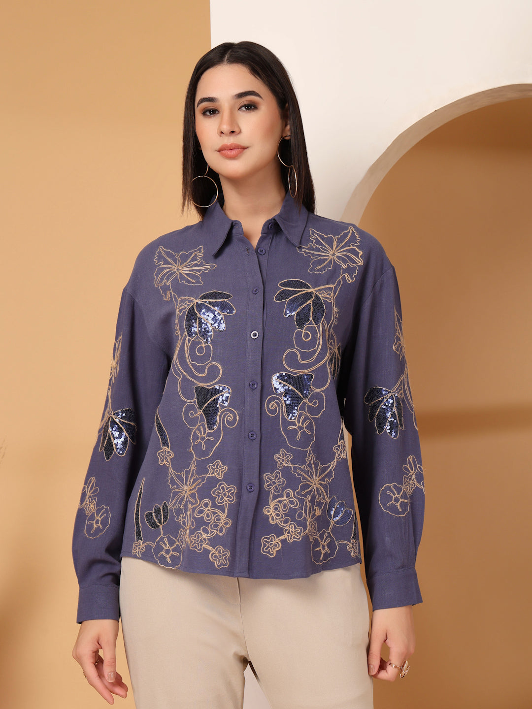 Thirty Threads Womens Blue Embellished Collar Neck Long Sleeve Regular Length