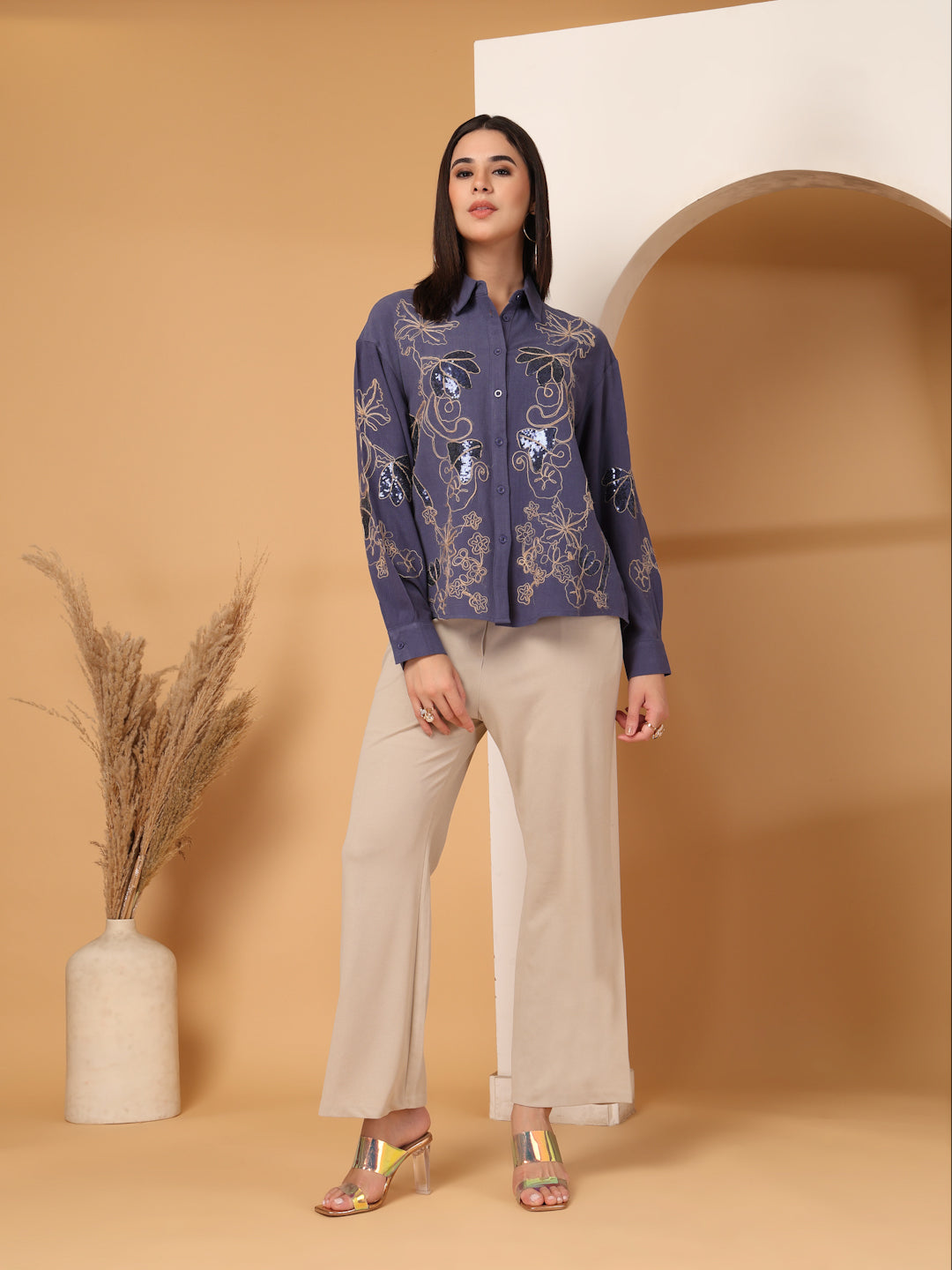 Thirty Threads Womens Blue Embellished Collar Neck Long Sleeve Regular Length