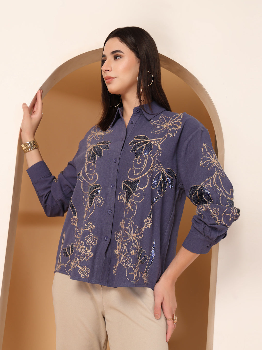 Thirty Threads Womens Beige Embellished Collar Neck Long Sleeve Regular Length