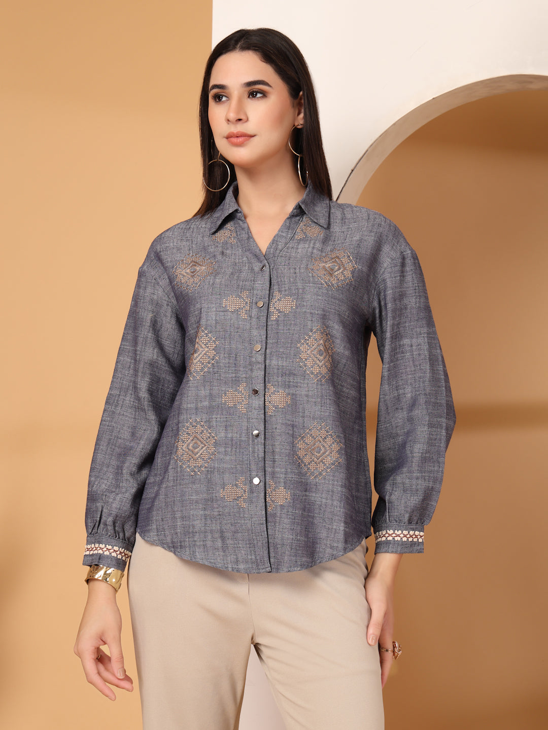 Thirty Threads Womens Blue Ethnic Motifs Collar Neck Long Sleeve Regular Length Shirt
