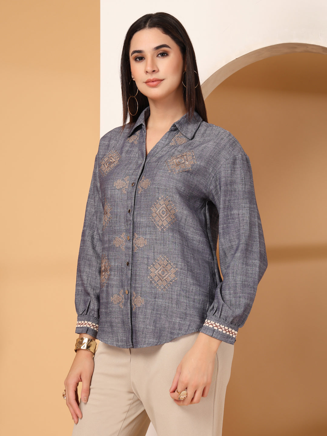 Thirty Threads Womens Brown Ethnic Motifs Collar Neck Long Sleeve Regular Length Shirt