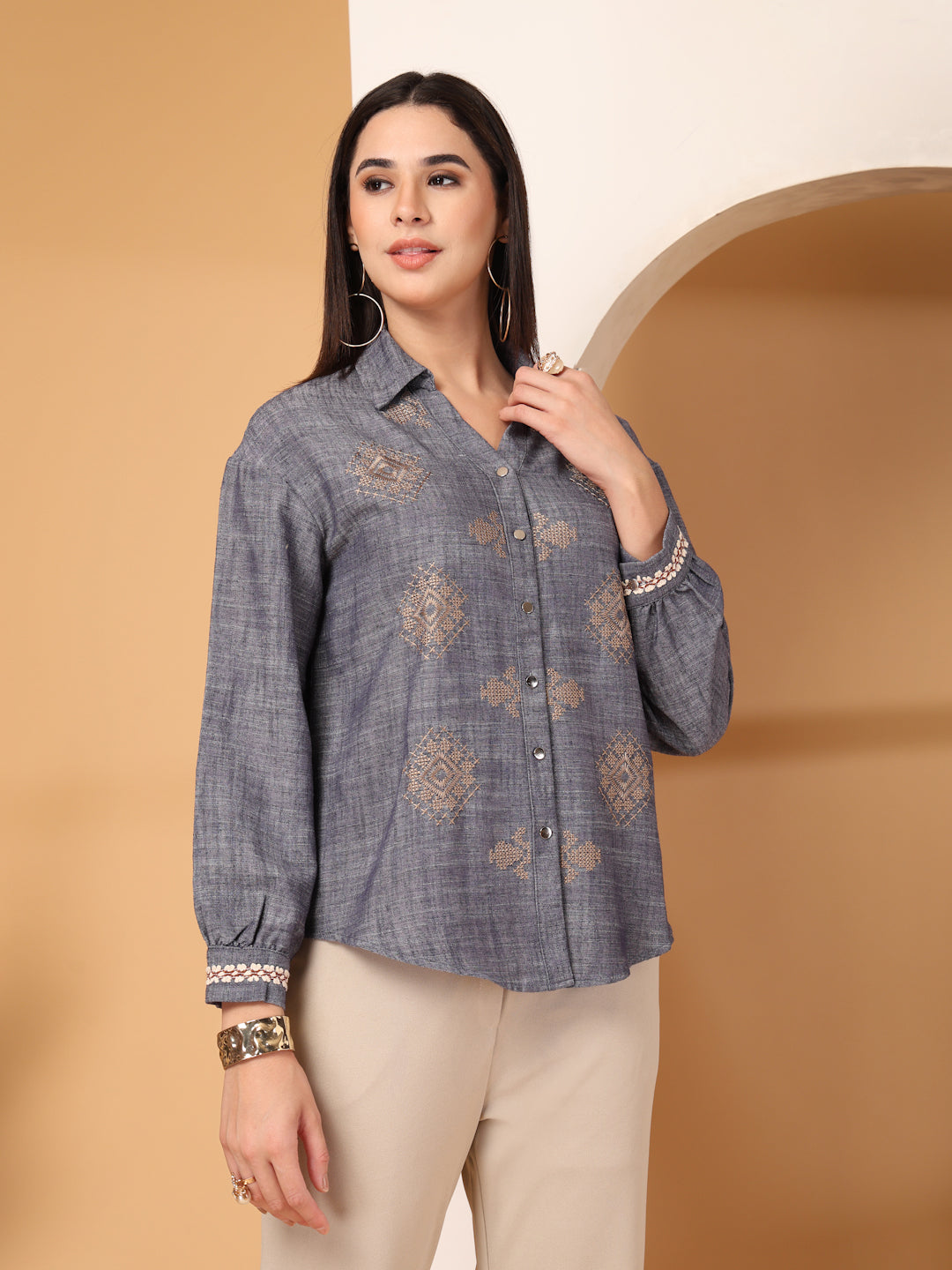 Thirty Threads Womens Blue Ethnic Motifs Collar Neck Long Sleeve Regular Length Shirt