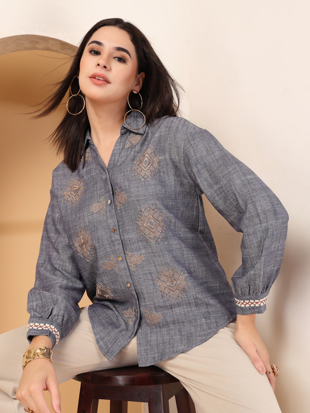 Thirty Threads Womens Blue Ethnic Motifs Collar Neck Long Sleeve Regular Length Shirt