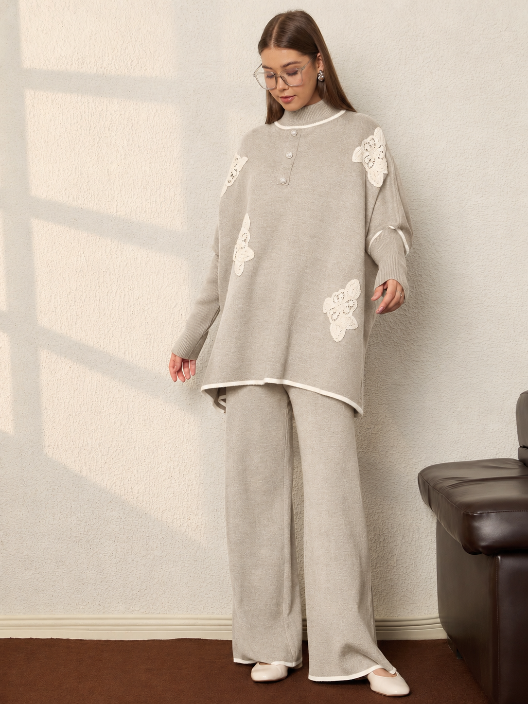 Thirty Threads Oat Mel Embroidered Stylished & Cosy Co-ords Set