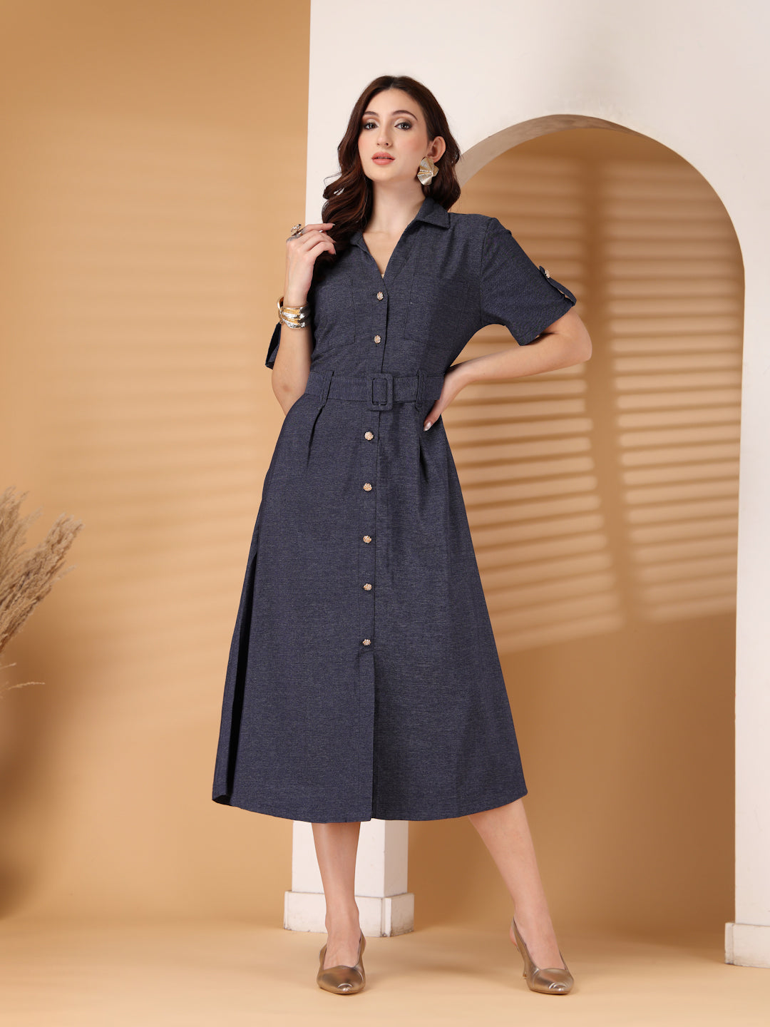 Thirty Threads Denim Blue Solid A-Line Midi Dress