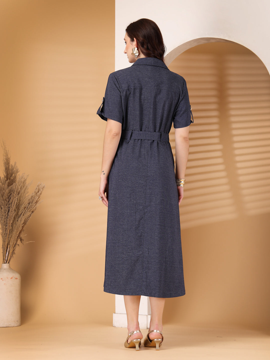 Thirty Threads Denim Blue Solid A-Line Midi Dress