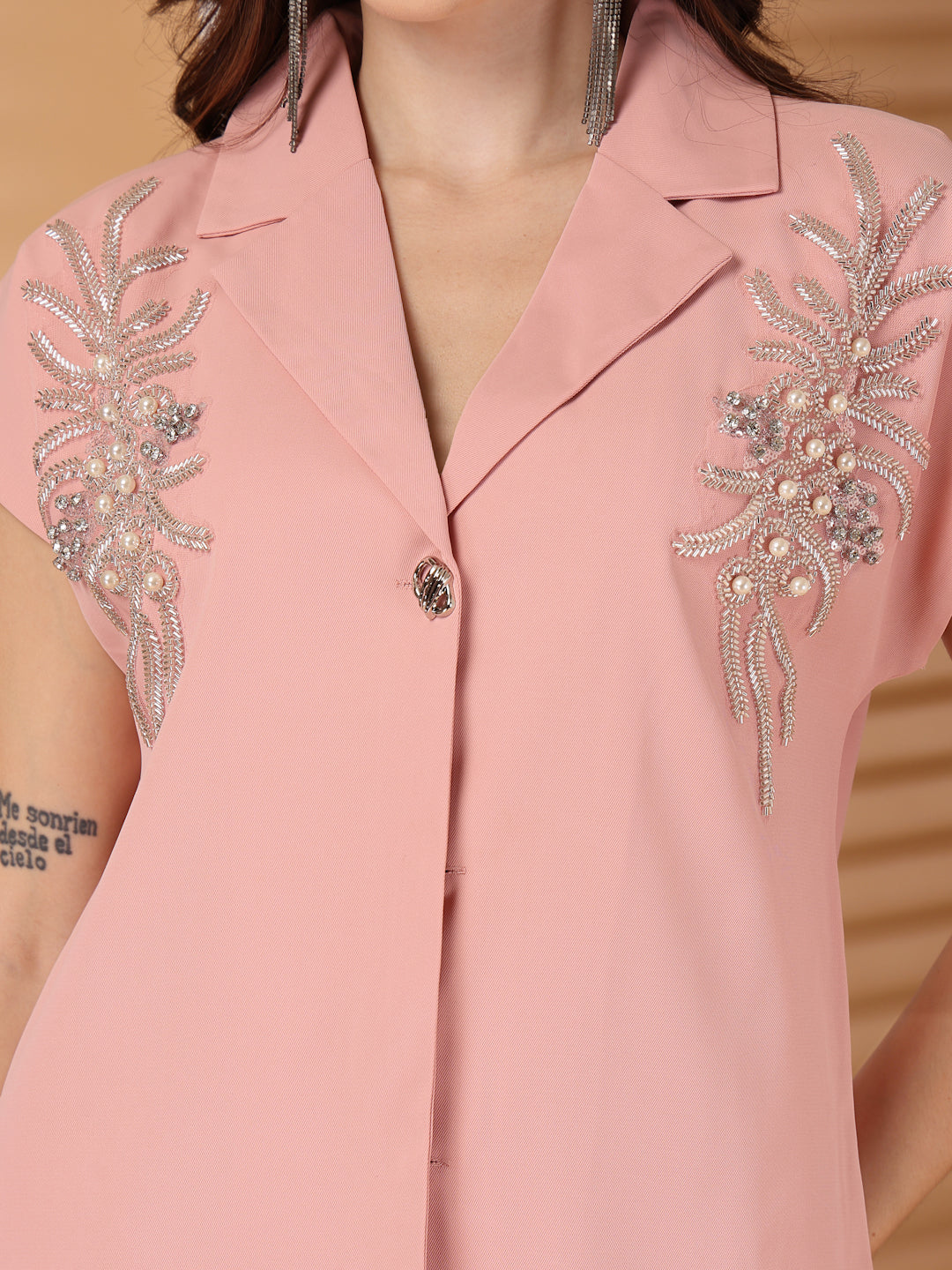 Thirty Threads Womens Peach Embellished Collar Neck Regular Co-Ord Set