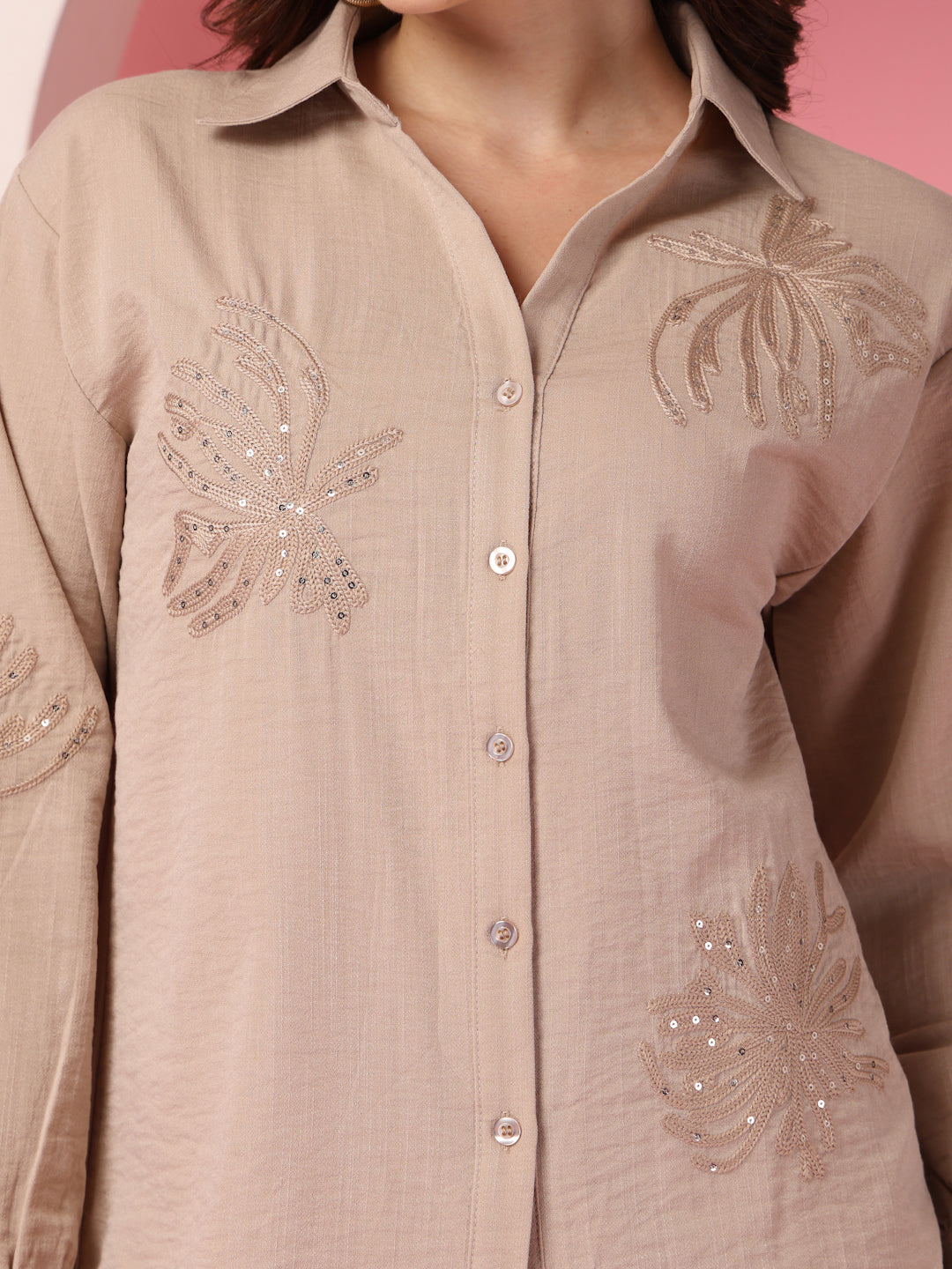 Thirty Threads Womens Beige Embellished Collar Neck Regular Co-Ord Set