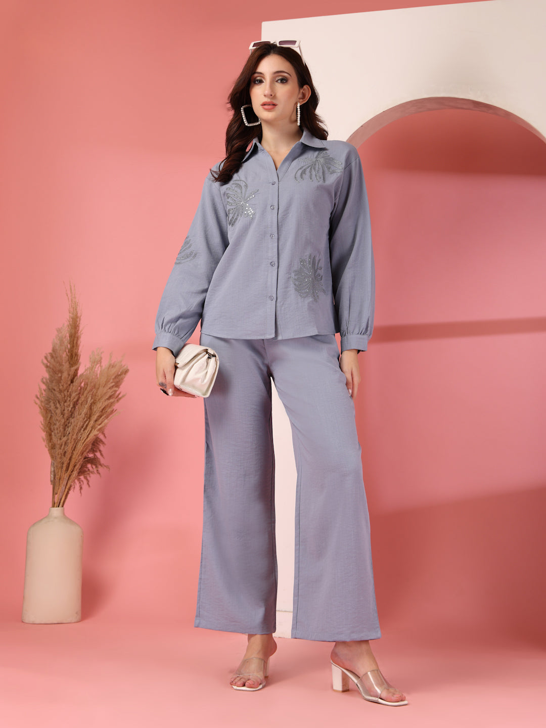 Thirty Threads Womens Sky Blue Embellished Collar Neck Regular Co-Ord Set