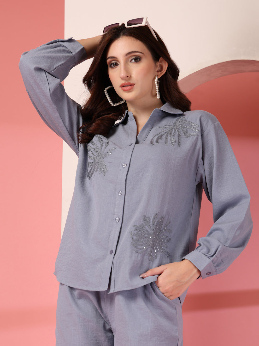 Thirty Threads Womens Sky Blue Embellished Collar Neck Regular Co-Ord Set