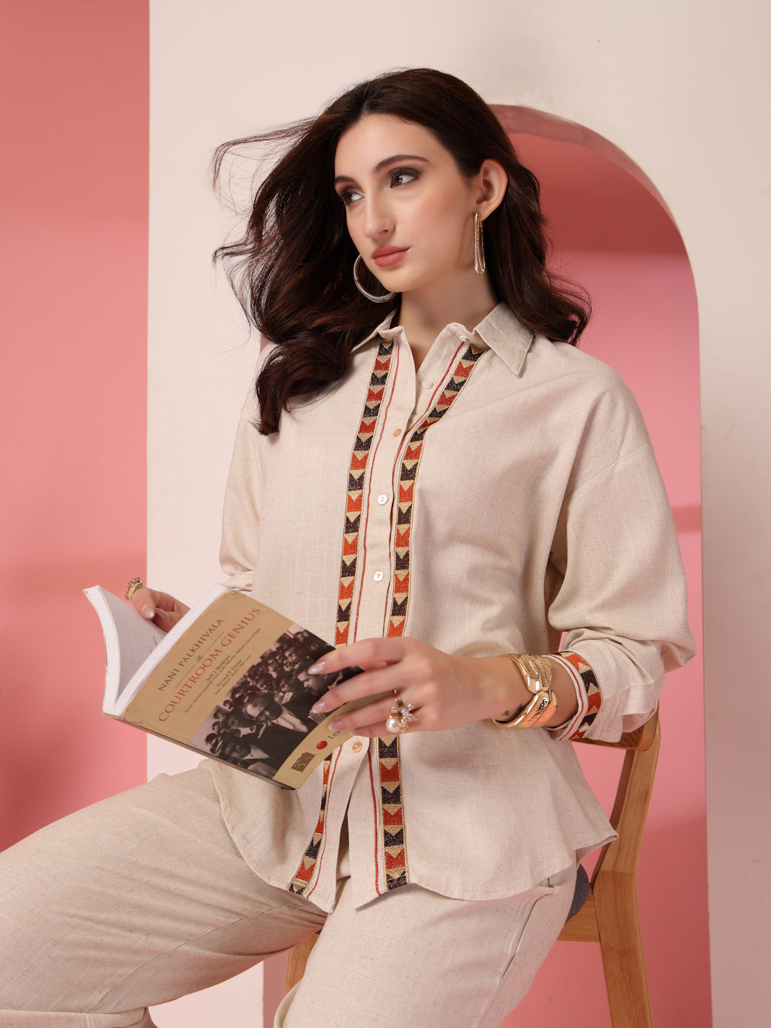 Thirty Threads Womens Beige Self Design Collar Neck Regular Co-Ord Set