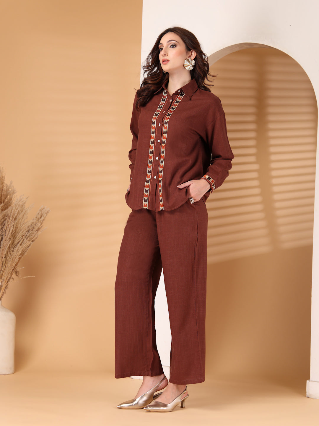 Thirty Threads Womens Coffee Brown Self Design Collar Neck Regular Co-Ord Set