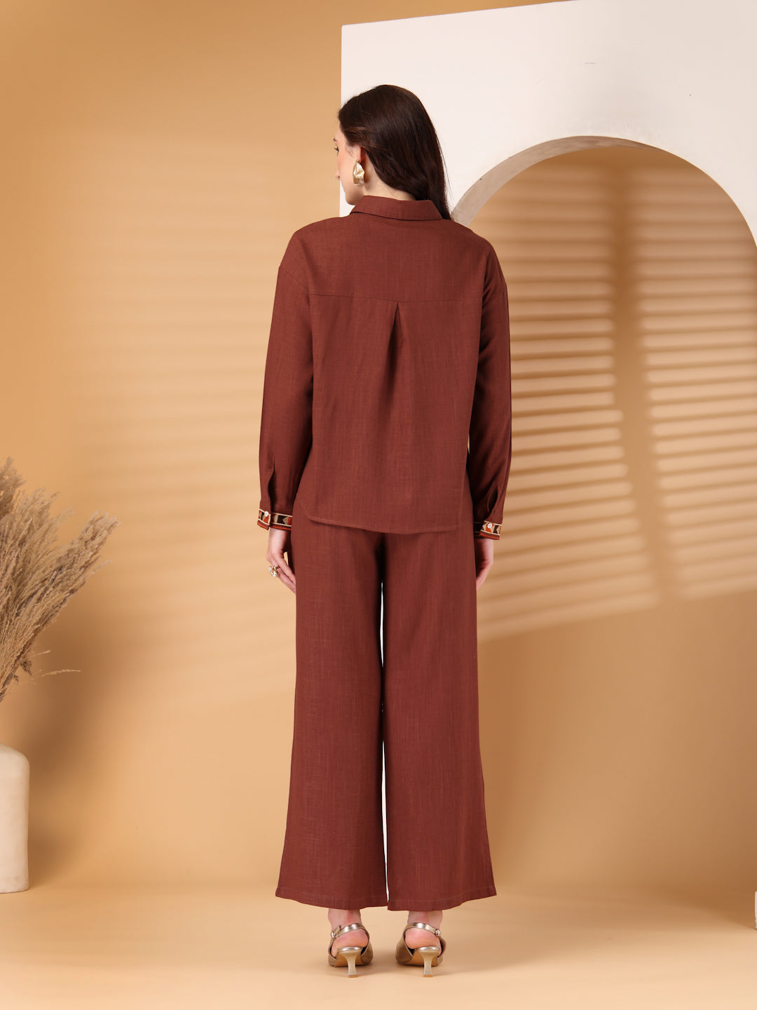 Thirty Threads Womens Coffee Brown Self Design Collar Neck Regular Co-Ord Set