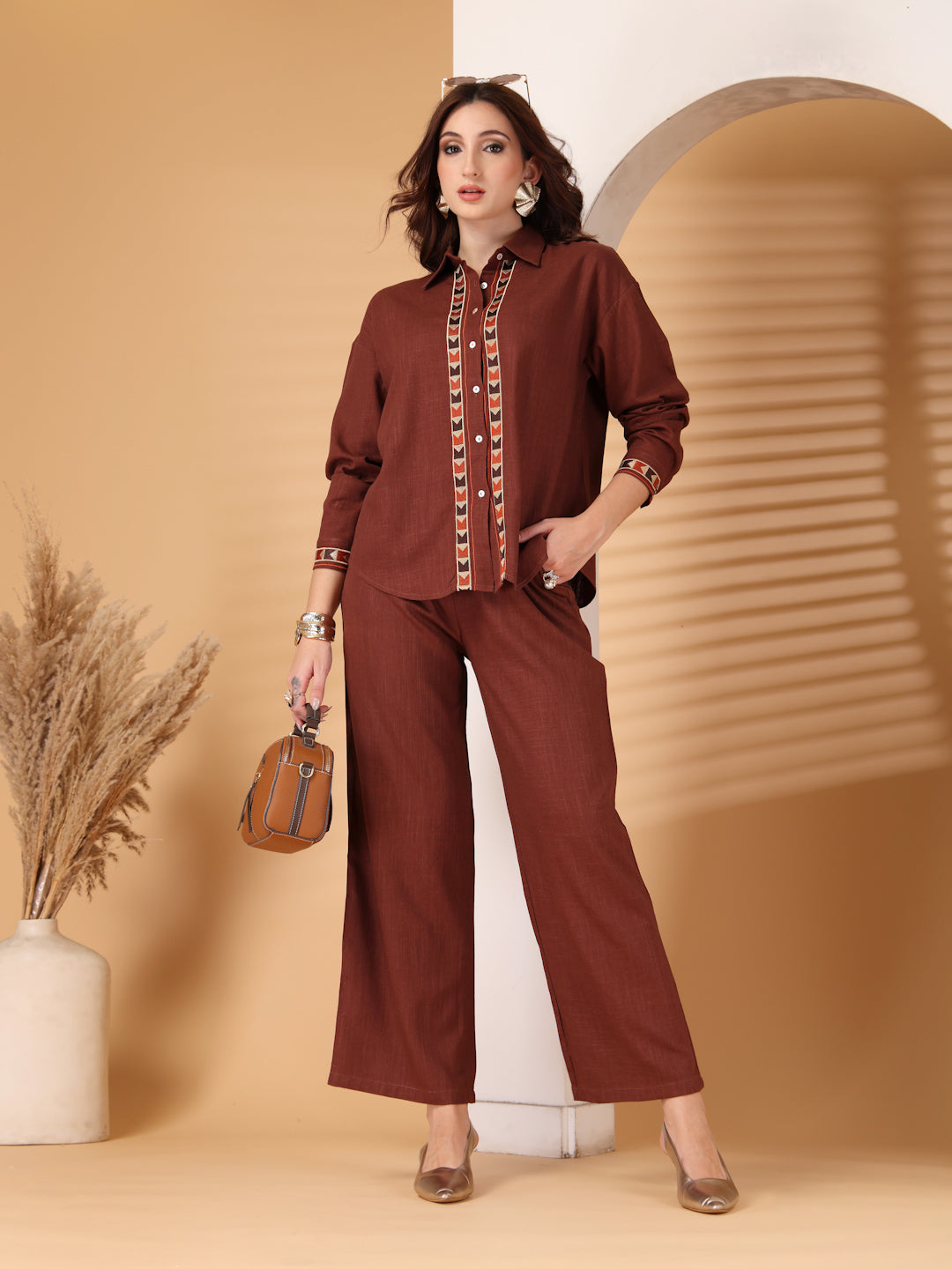 Thirty Threads Womens Coffee Brown Self Design Collar Neck Regular Co-Ord Set