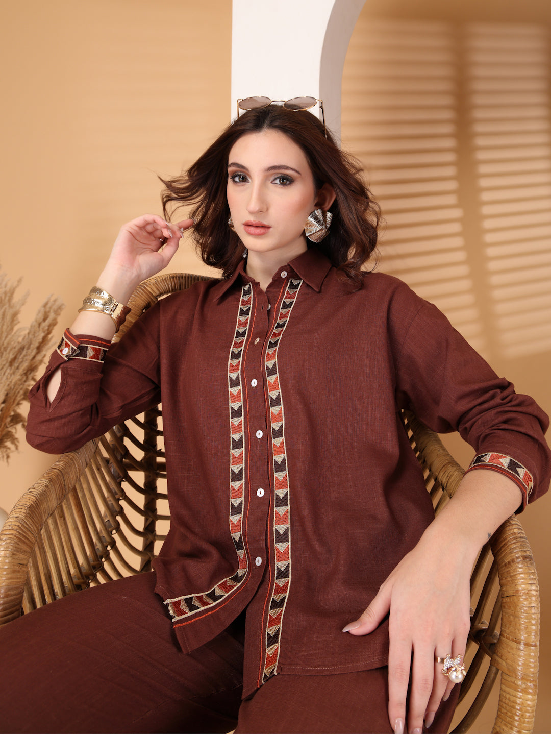 Thirty Threads Womens Coffee Brown Self Design Collar Neck Regular Co-Ord Set