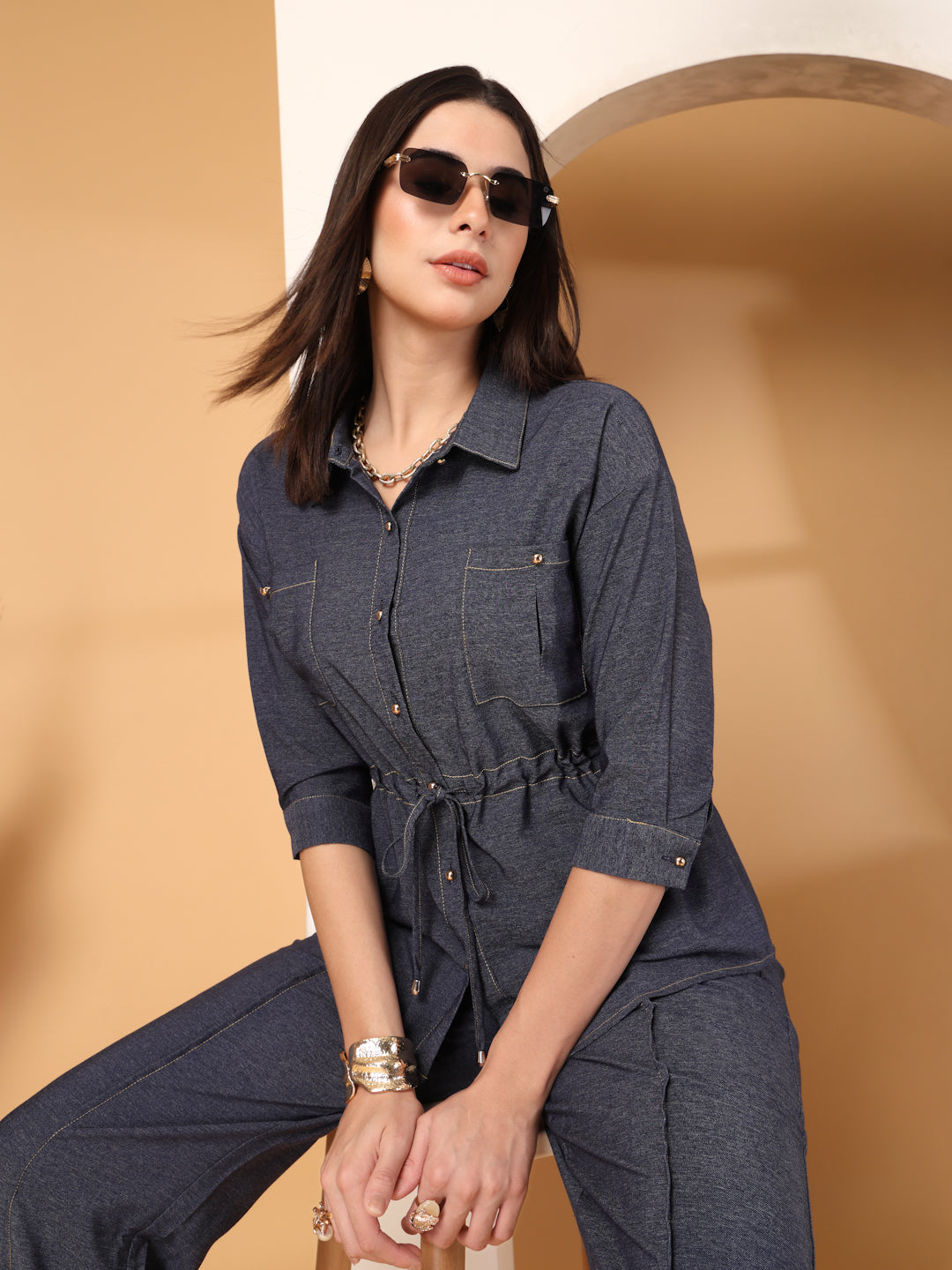 Thirty Threads Womens Denim Blue Solid Collar Neck Regular Co-Ord Set