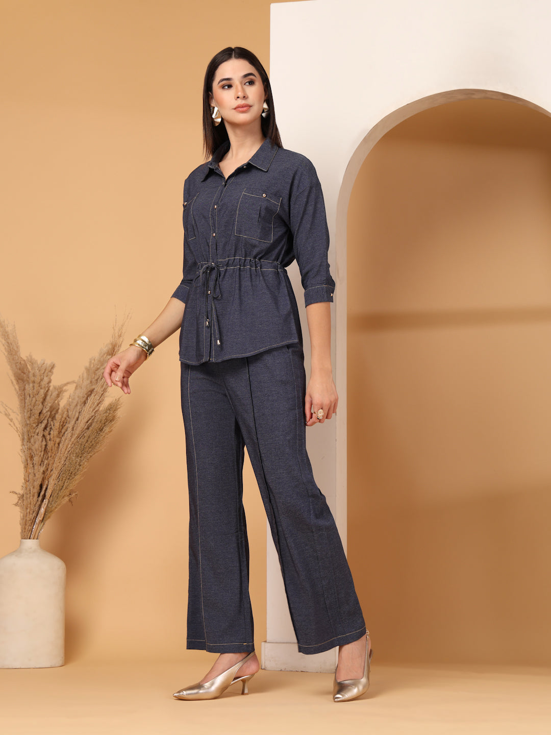 Thirty Threads Womens Denim Blue Solid Collar Neck Regular Co-Ord Set