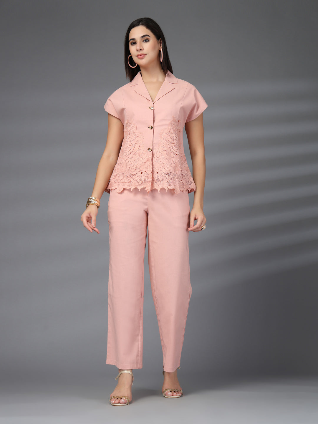 Thirty Threads Womens Pink Embroidered Collar Neck Regular Co-Ord Set