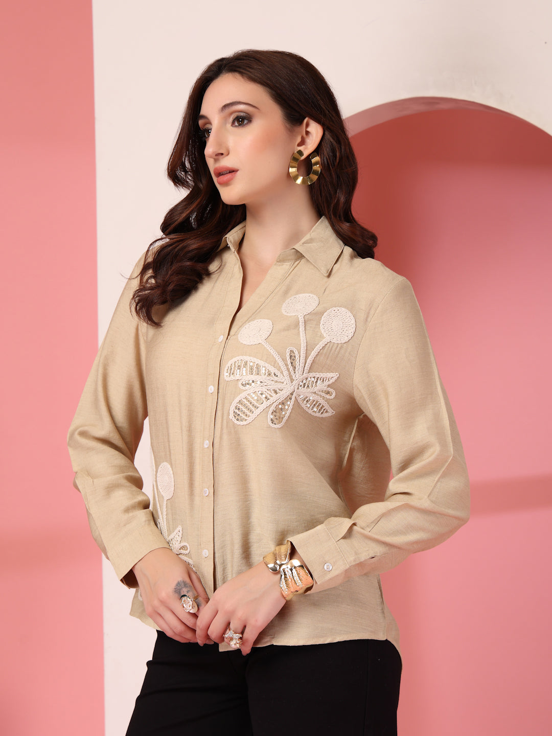 Thirty Threads Womens Beige Emboirered Collar Neck Long Sleeve Regular Length Shirt