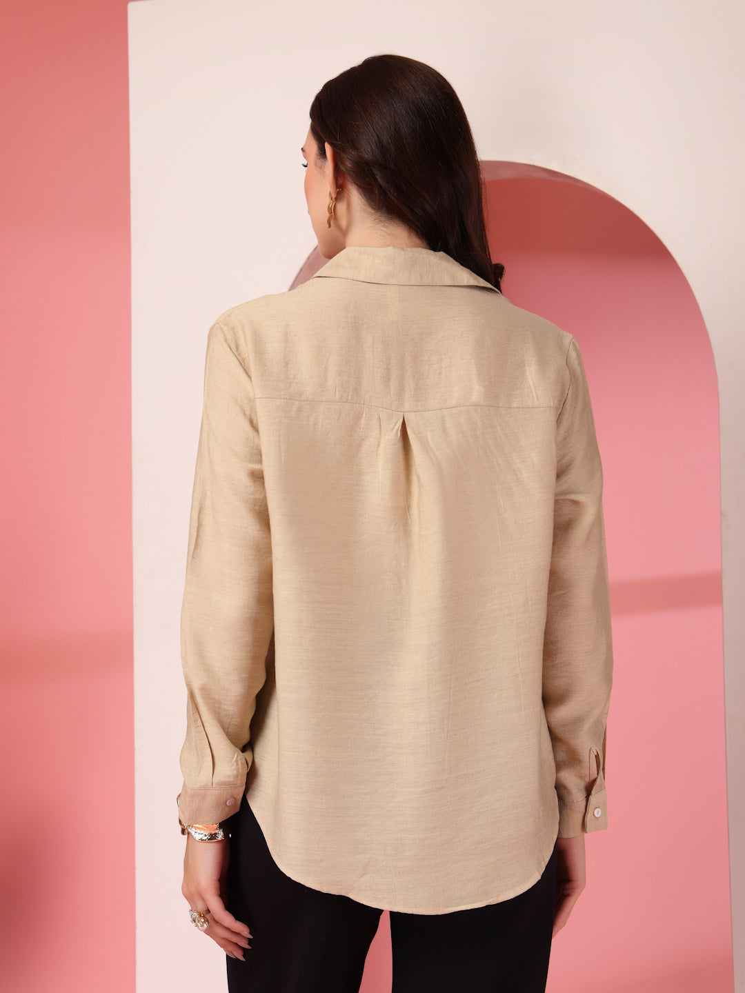 Thirty Threads Womens Beige Emboirered Collar Neck Long Sleeve Regular Length Shirt
