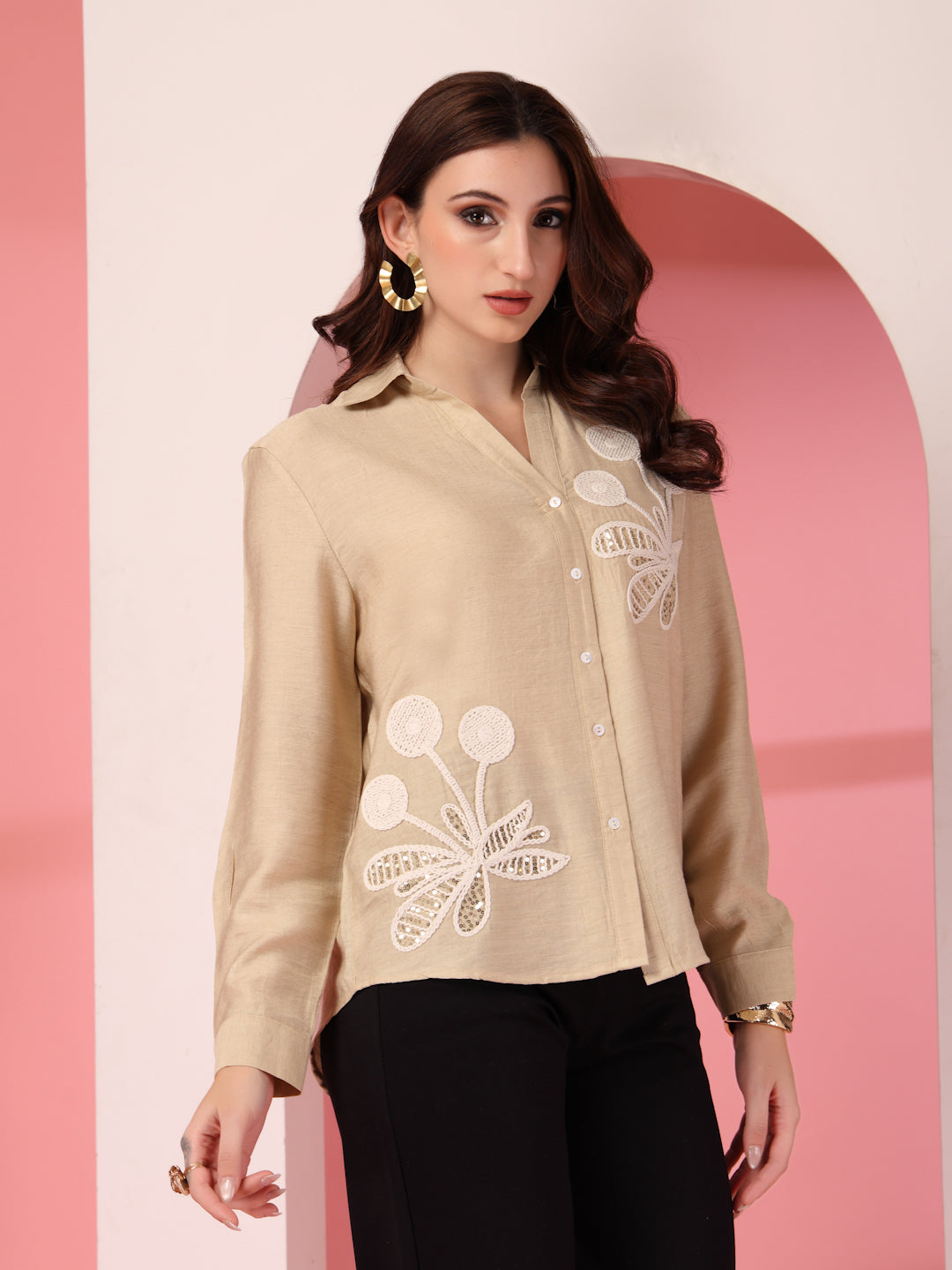 Thirty Threads Womens Beige Emboirered Collar Neck Long Sleeve Regular Length Shirt