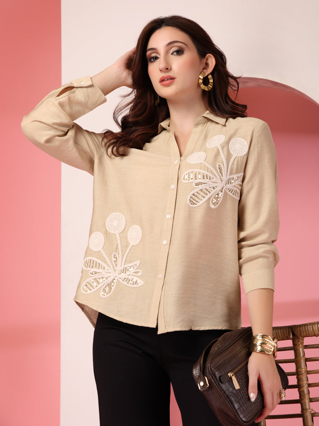 Thirty Threads Womens Beige Emboirered Collar Neck Long Sleeve Regular Length Shirt