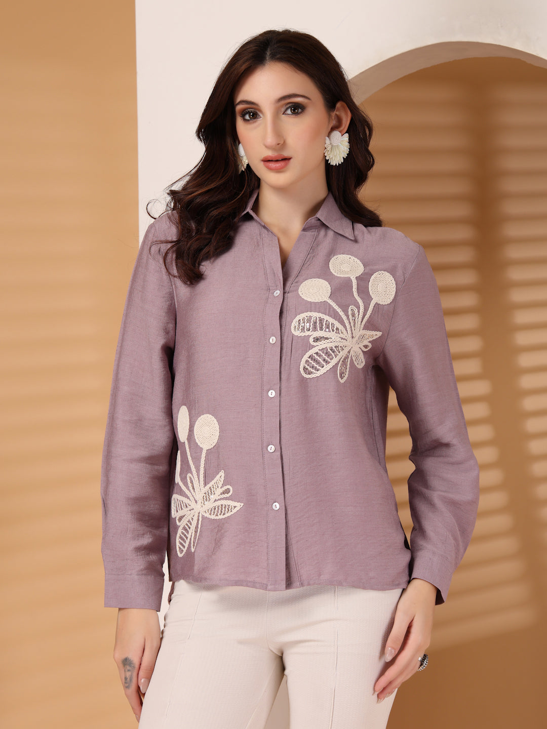 Thirty Threads Womens Lavender Emboirered Collar Neck Long Sleeve Regular Length Shirt