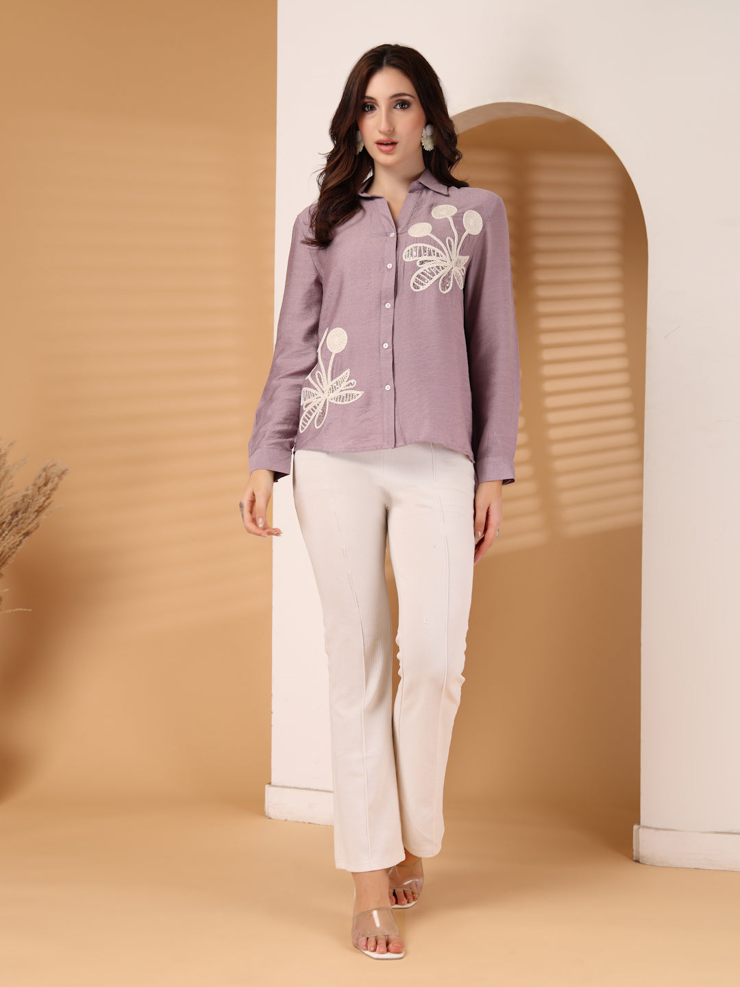 Thirty Threads Womens Lavender Emboirered Collar Neck Long Sleeve Regular Length Shirt