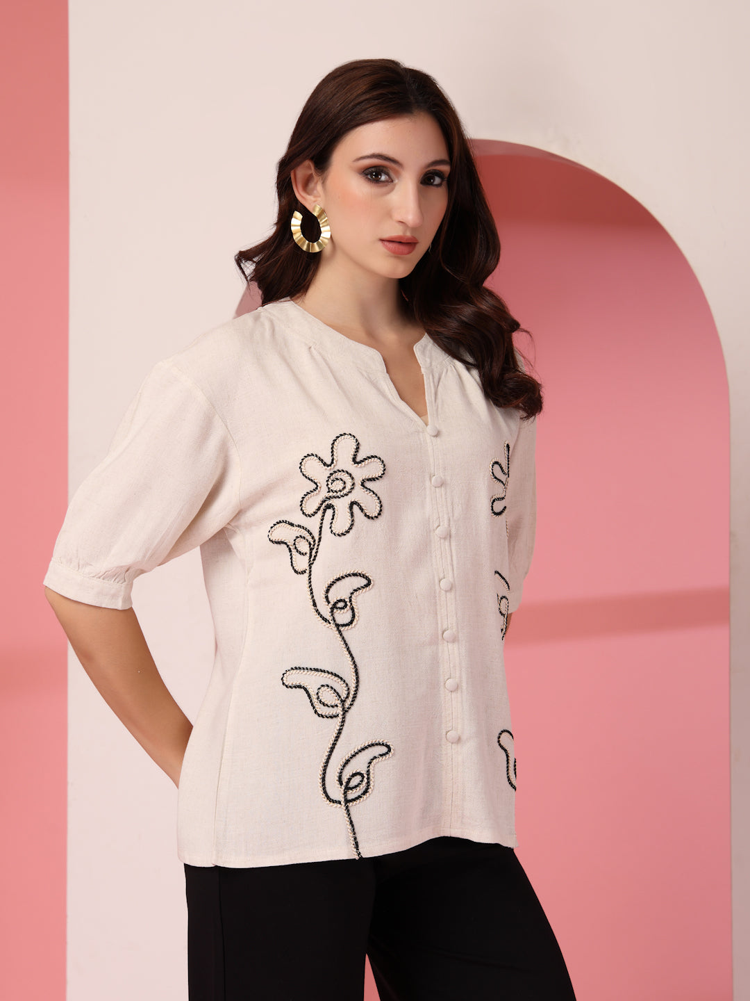 Thirty Threads Womens Beige Emboirered V-Neck Neck 3/4 Sleeve Regular Length Shirt