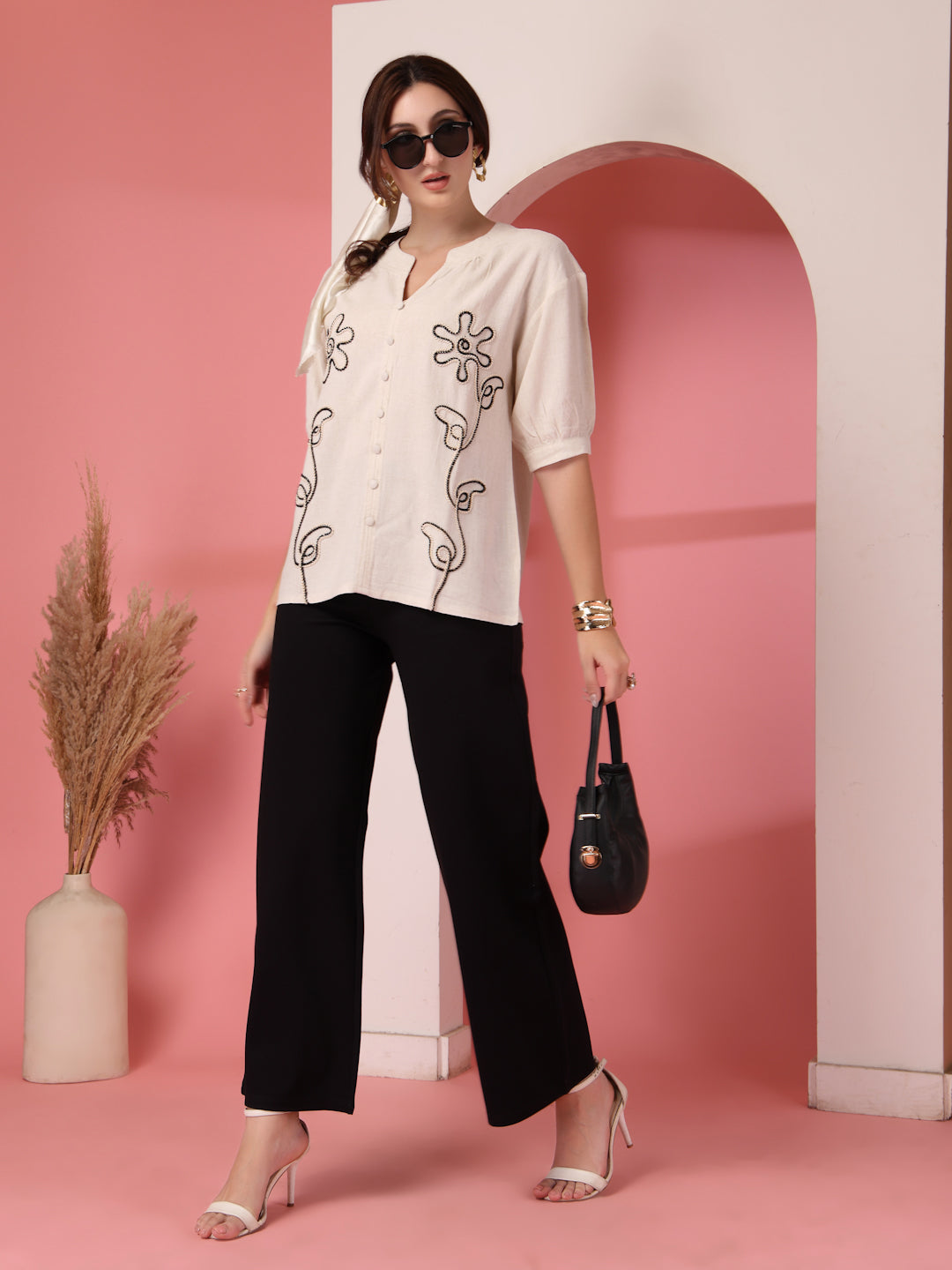 Thirty Threads Womens Beige Emboirered V-Neck Neck 3/4 Sleeve Regular Length Shirt