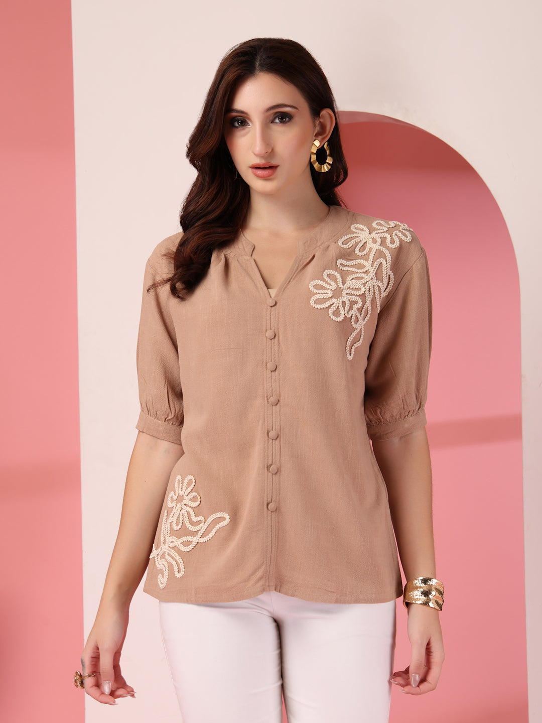 Thirty Threads Womens Khakhi Emboirered V-Neck Neck 3/4 Sleeve Regular Length Shirt