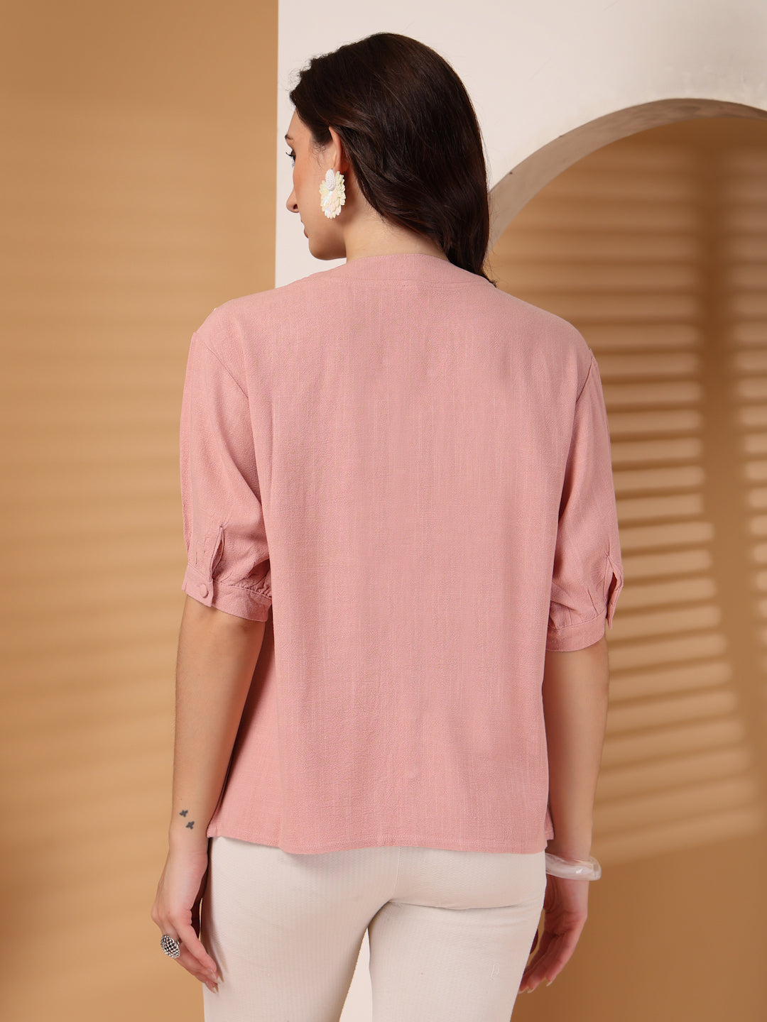 Thirty Threads Womens Pink Emboirered V-Neck Neck 3/4 Sleeve Regular Length Shirt