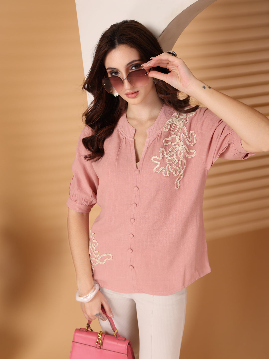 Thirty Threads Womens Pink Emboirered V-Neck Neck 3/4 Sleeve Regular Length Shirt