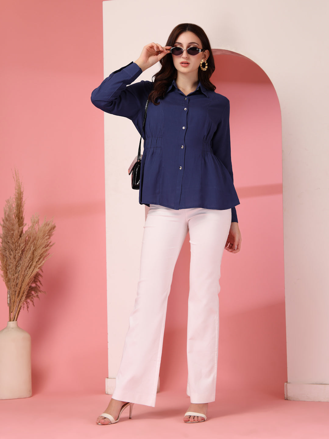 Thirty Threads Womens Navy Blue Solid Collar Neck Long Sleeve Regular Length Shirt