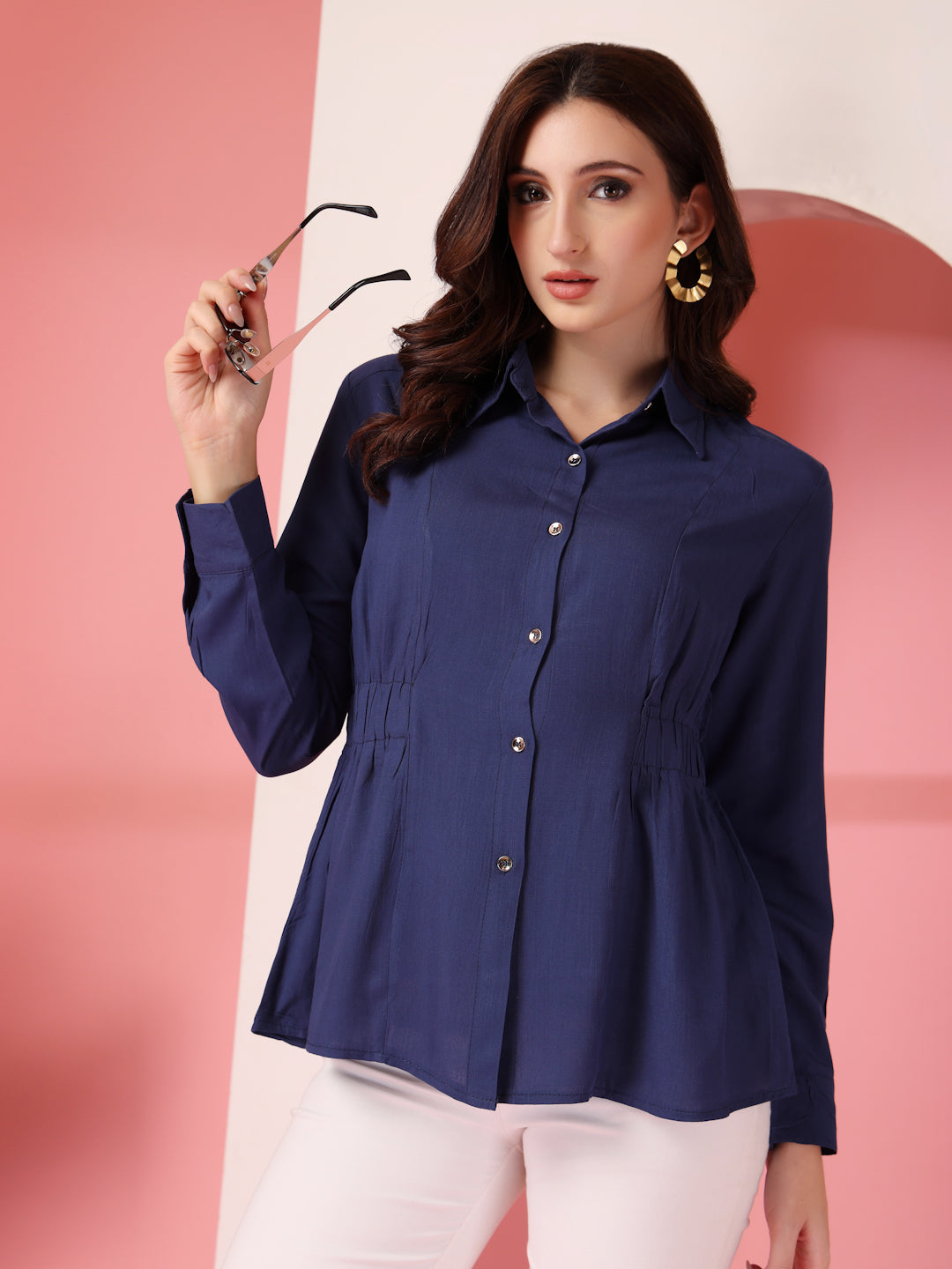 Thirty Threads Womens Navy Blue Solid Collar Neck Long Sleeve Regular Length Shirt
