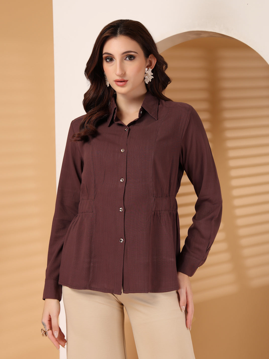 Thirty Threads Womens Brown Solid Collar Neck Long Sleeve Regular Length Shirt