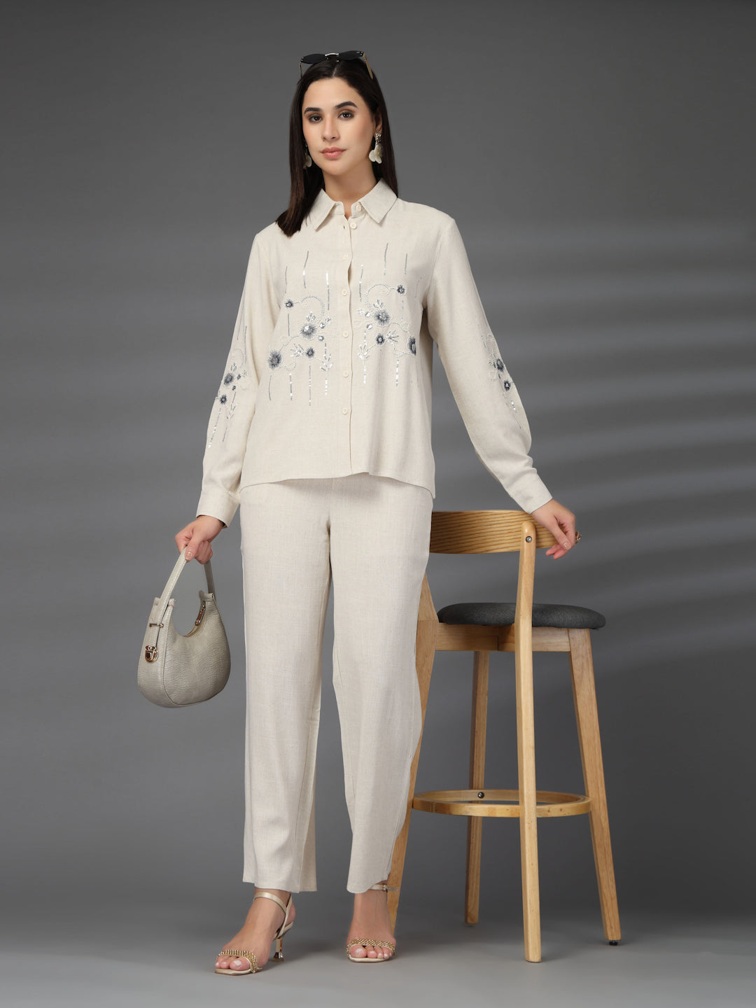 Thirty Threads Womens Beige Emboirered Collar Neck Long Sleeve Regular Length