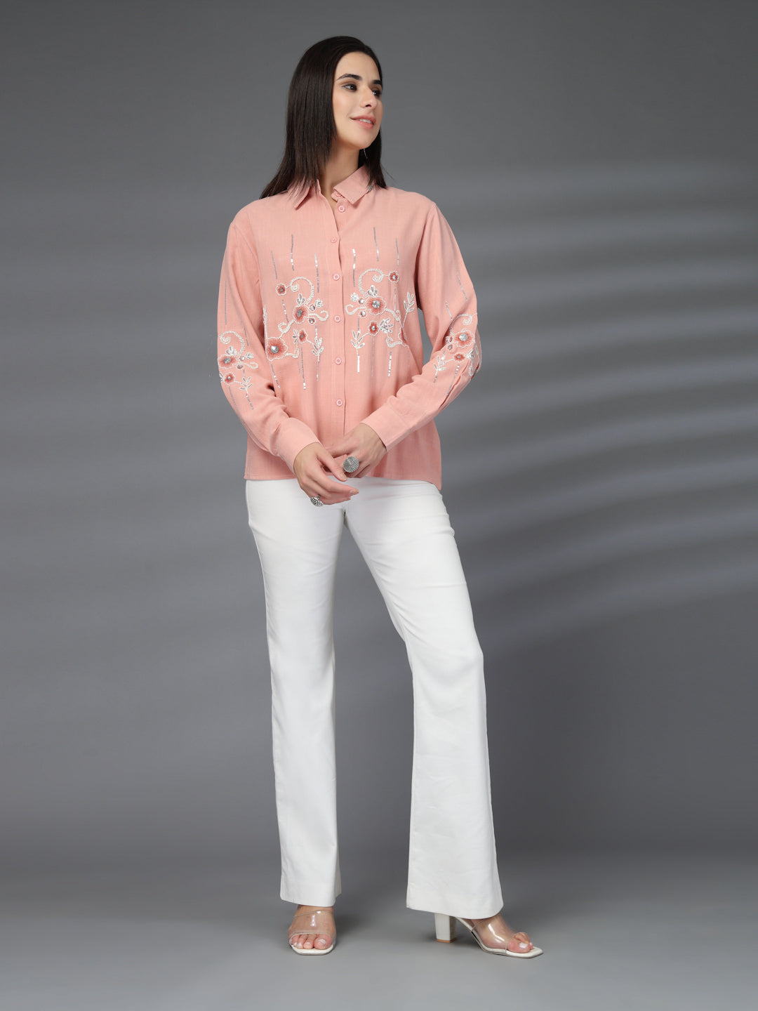 Thirty Threads Womens Pink Emboirered Collar Neck Long Sleeve Regular Length