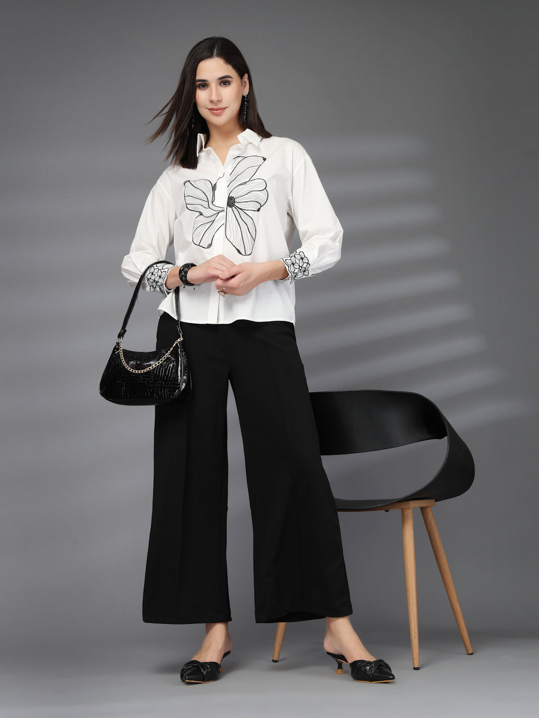 Thirty Threads Womens White Floral Emboirered  Long Sleeve Length Shirt