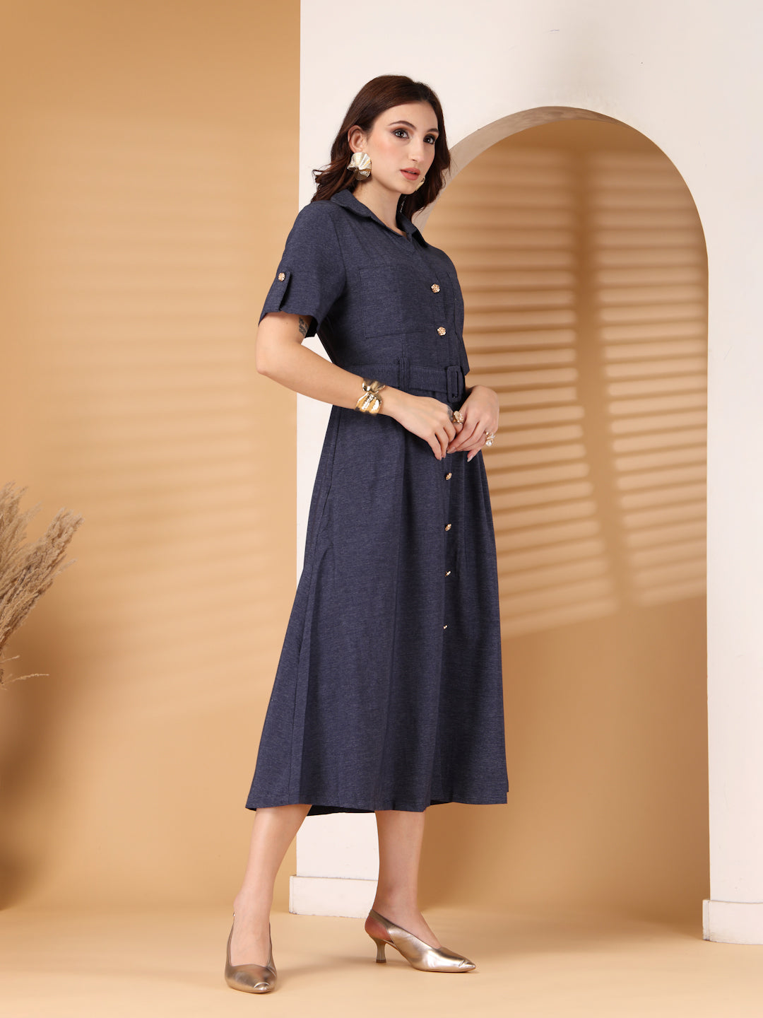 Thirty Threads Women Pink Solid A-Line Midi Dress