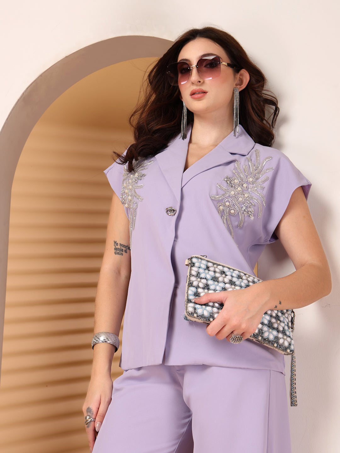 Thirty Threads Womens Peach Embellished Collar Neck Regular Co-Ord Set