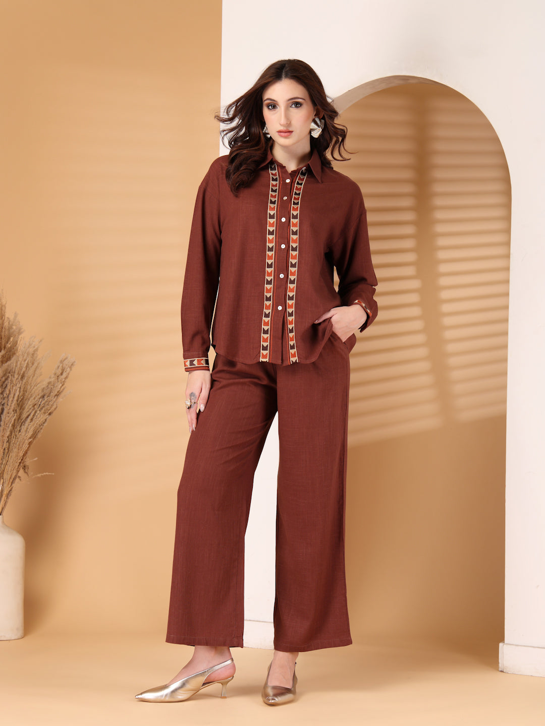 Thirty Threads Womens Beige Self Design Collar Neck Regular Co-Ord Set