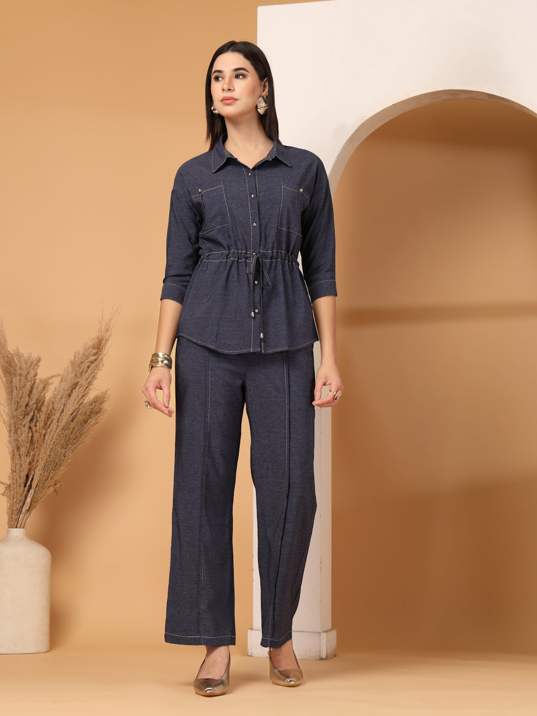 Thirty Threads Womens LT Blue Solid Collar Neck Regular Co-Ord Set