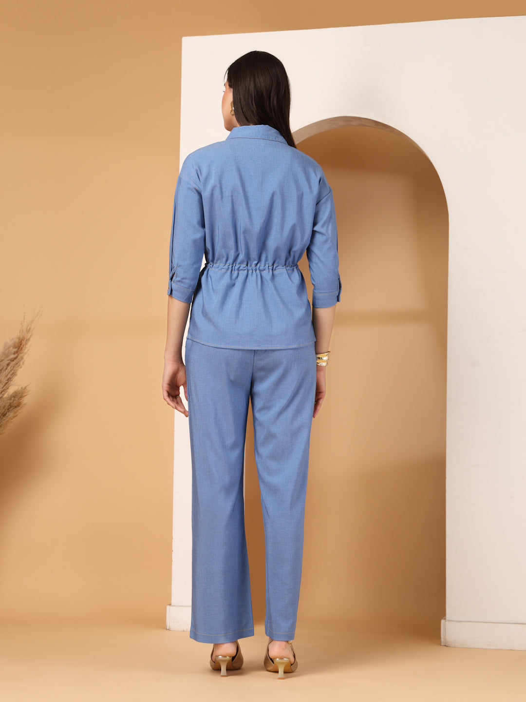 Thirty Threads Womens Denim Blue Solid Collar Neck Regular Co-Ord Set
