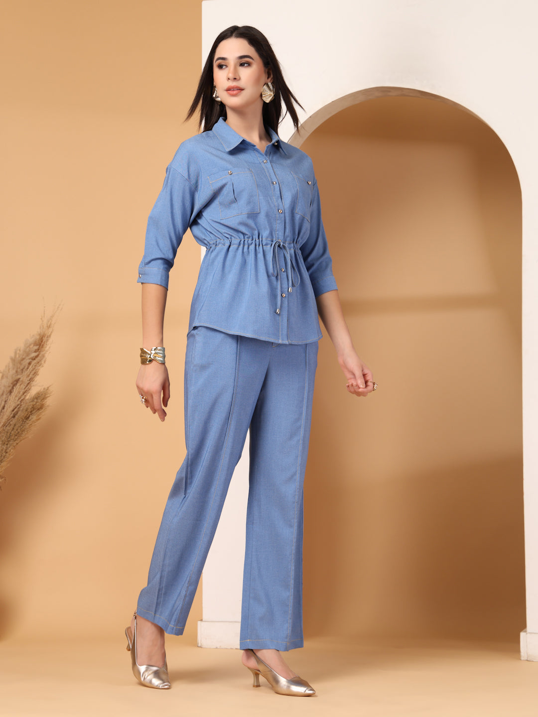 Thirty Threads Womens Denim Blue Solid Collar Neck Regular Co-Ord Set