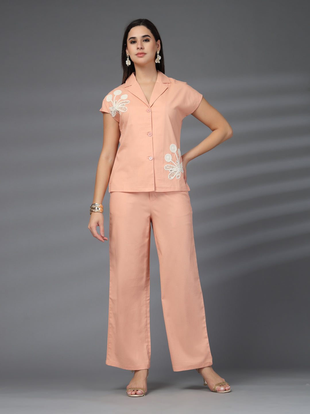 Thirty Threads Womens Blue Embroidered Collar Neck Regular Co-Ord Set
