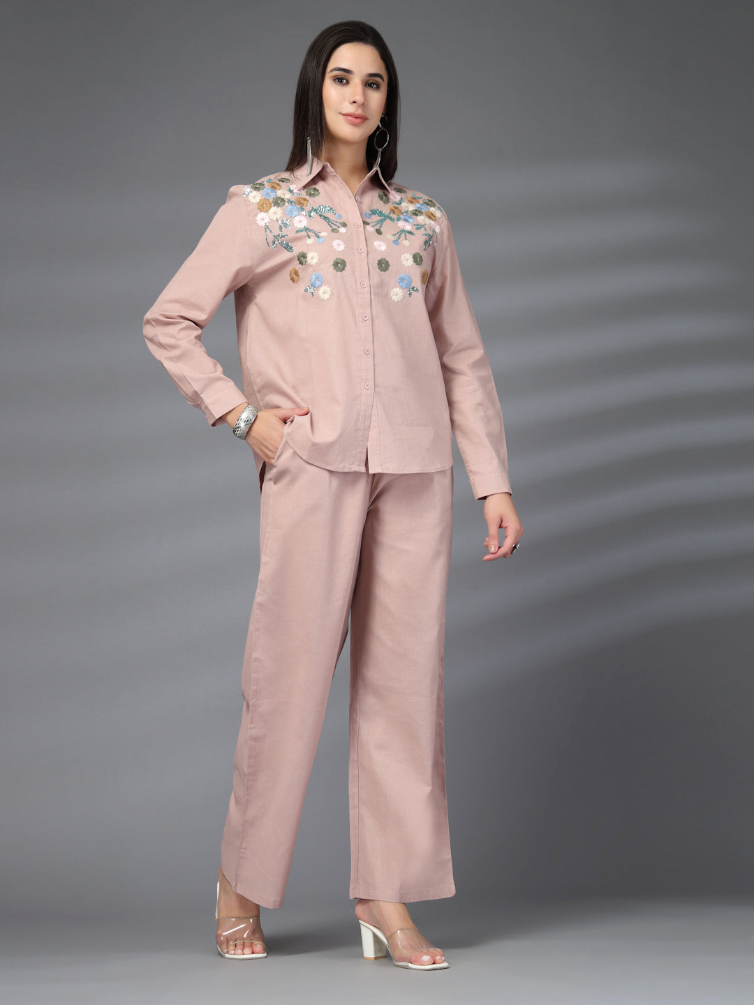 Thirty Threads Womens Brown Embroidered Collar Neck Regular Co-Ord Set