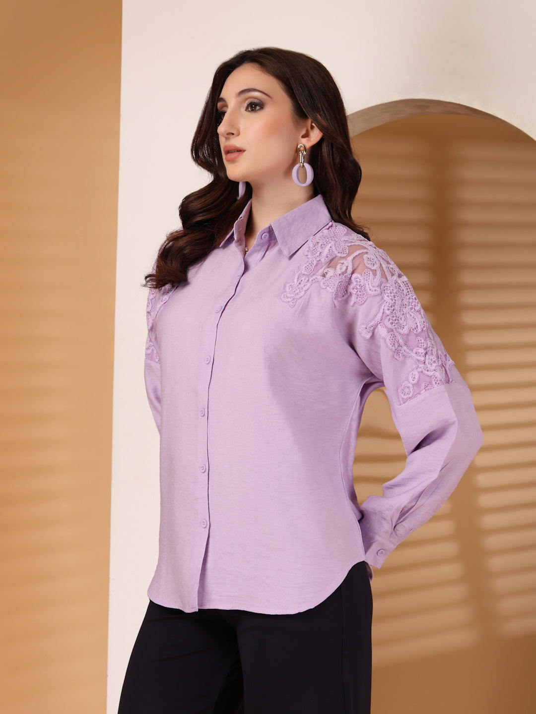 Thirty Threads Womens Black Self Design Collar Neck Long Sleeve Regular Length Shirt